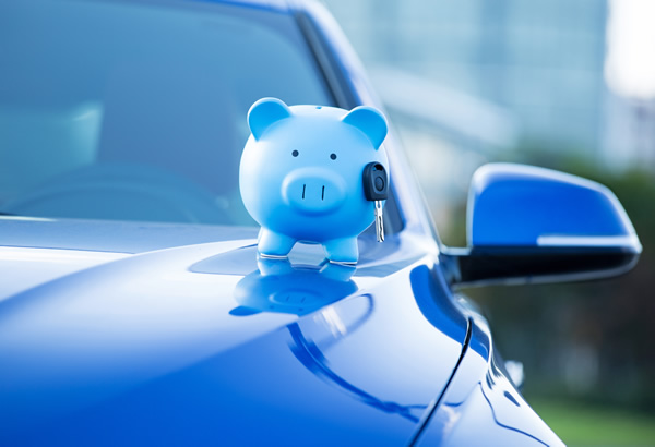 blue car bonnet with blue piggy bank on top